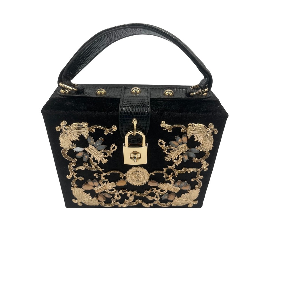 Black Velvet Baroque Box Bag Gold Filigree Jeweled Padlock Top Handl Evening Bag